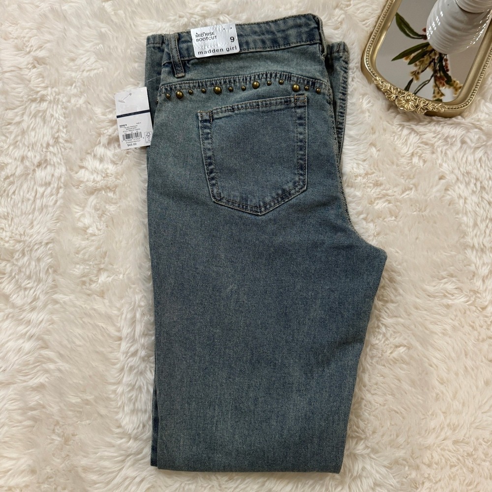 Madden Girl Mid Rise Bootcut Jeans Blue Studded Denim Size 9 NEW - Picture 8 of 10